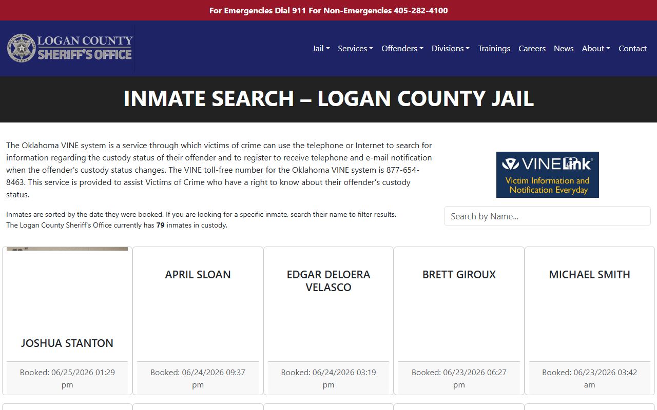 Logan County inmate population roster search page with name filter and current custody count